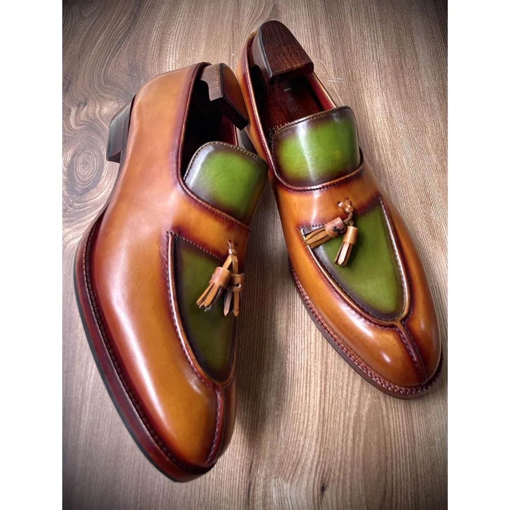 Tan   Green Patina Mirror Glossed Apron Toe Tassel Loafers