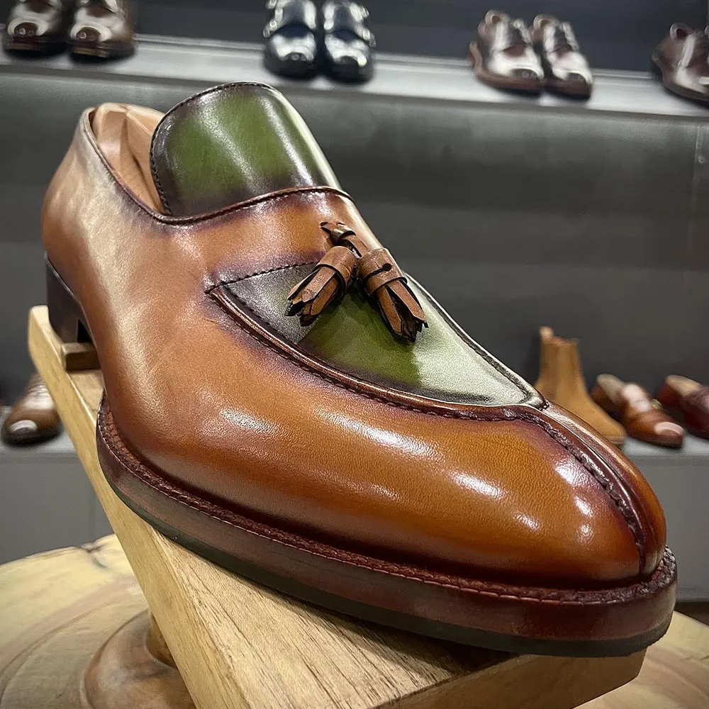 Tan   Green Patina Mirror Glossed Apron Toe Tassel Loafers