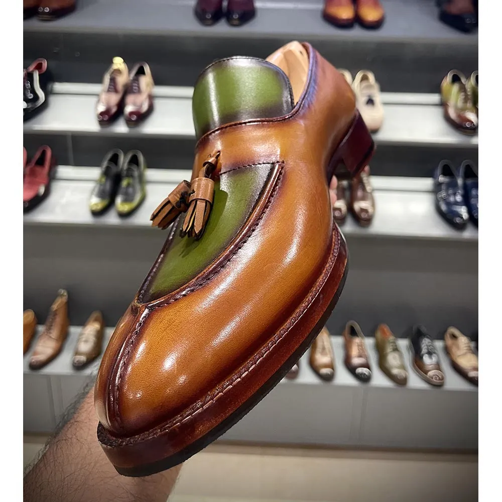 Tan   Green Patina Mirror Glossed Apron Toe Tassel Loafers