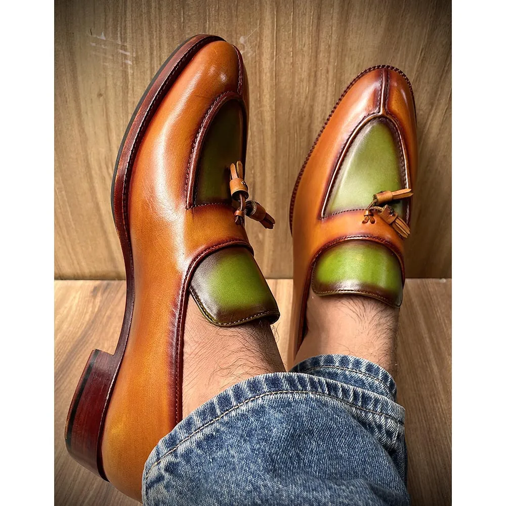 Tan   Green Patina Mirror Glossed Apron Toe Tassel Loafers