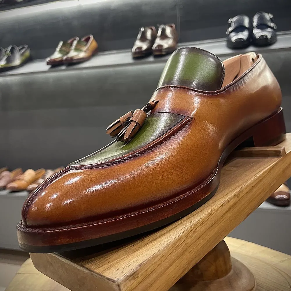 Tan   Green Patina Mirror Glossed Apron Toe Tassel Loafers