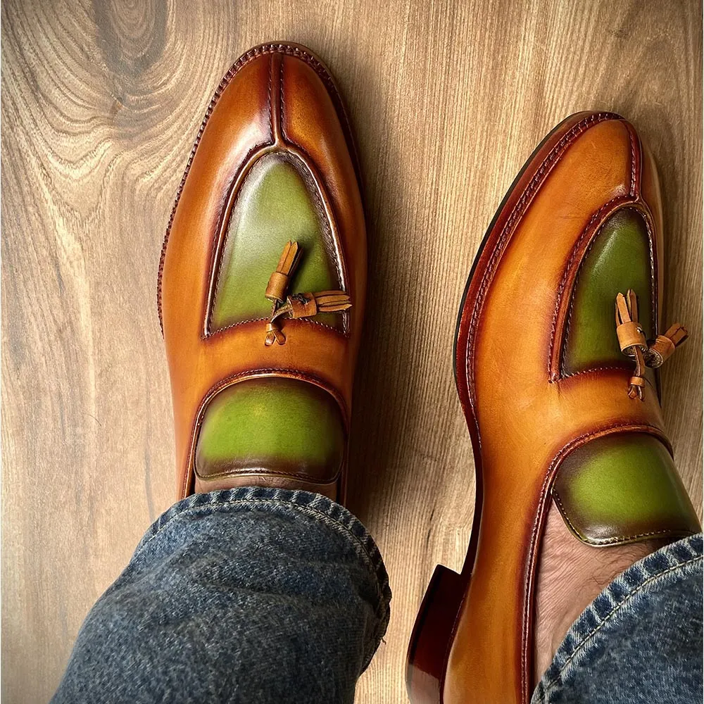 Tan   Green Patina Mirror Glossed Apron Toe Tassel Loafers