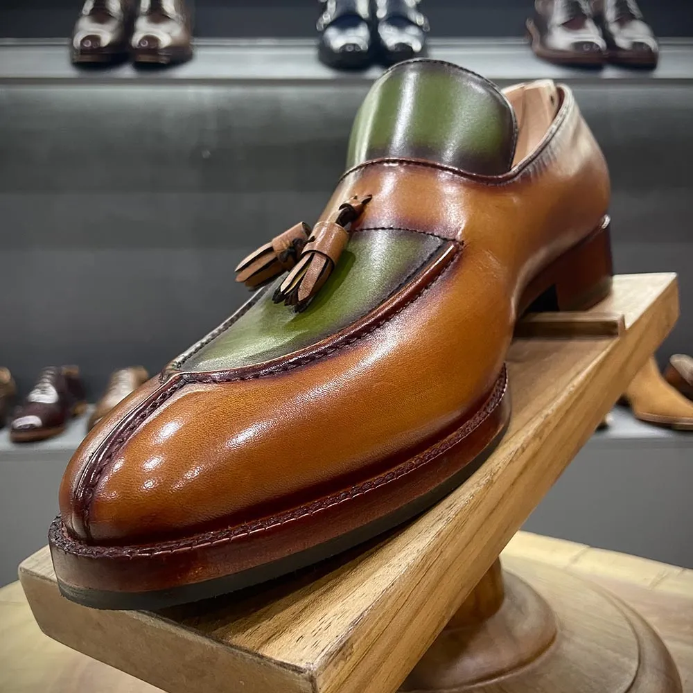 Tan   Green Patina Mirror Glossed Apron Toe Tassel Loafers
