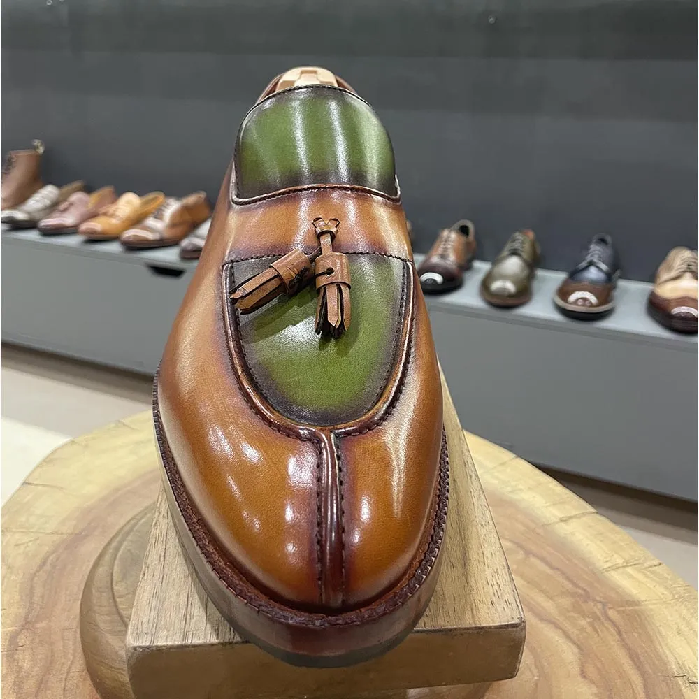 Tan   Green Patina Mirror Glossed Apron Toe Tassel Loafers