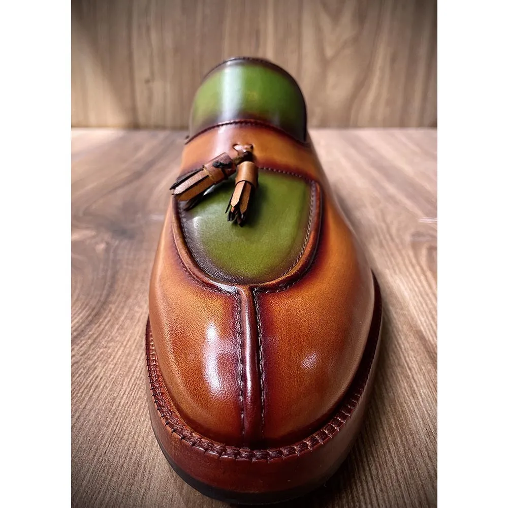 Tan   Green Patina Mirror Glossed Apron Toe Tassel Loafers