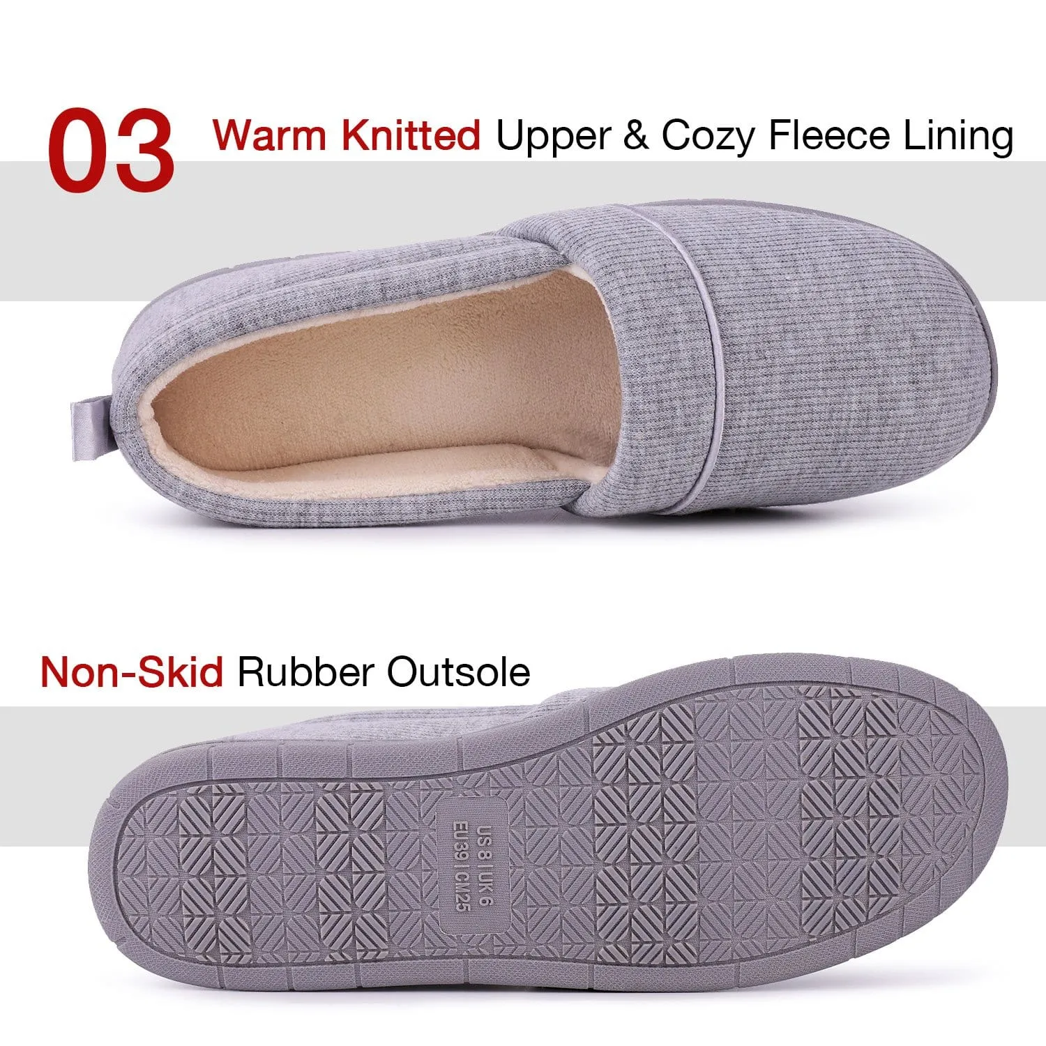 Women's Comfort Knit Loafer Light Weight Slippers with Anti-Skid Rubber Sole