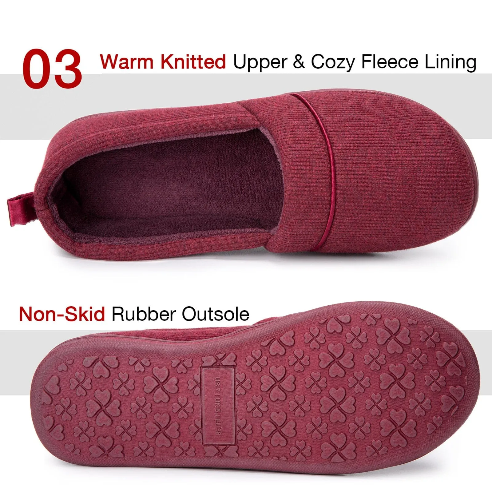 Women's Comfort Knit Loafer Light Weight Slippers with Anti-Skid Rubber Sole