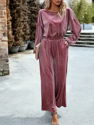 Women’s Solid Colour Ribbed Velvet Pants Set