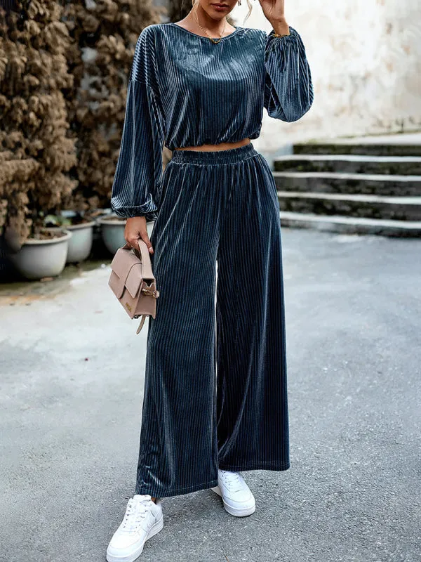 Women’s Solid Colour Ribbed Velvet Pants Set